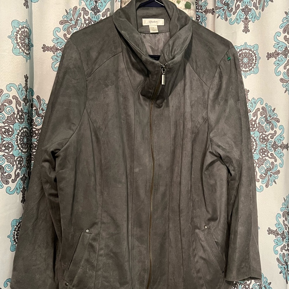 CJ Banks Women's Grey Faux Suede Funnel Neck  Long Sleeve Jacket - Size 2X